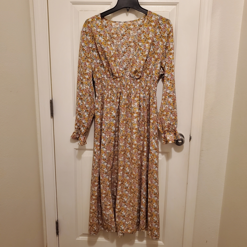 SHEIN Mustard Floral Long Sleeve Dress